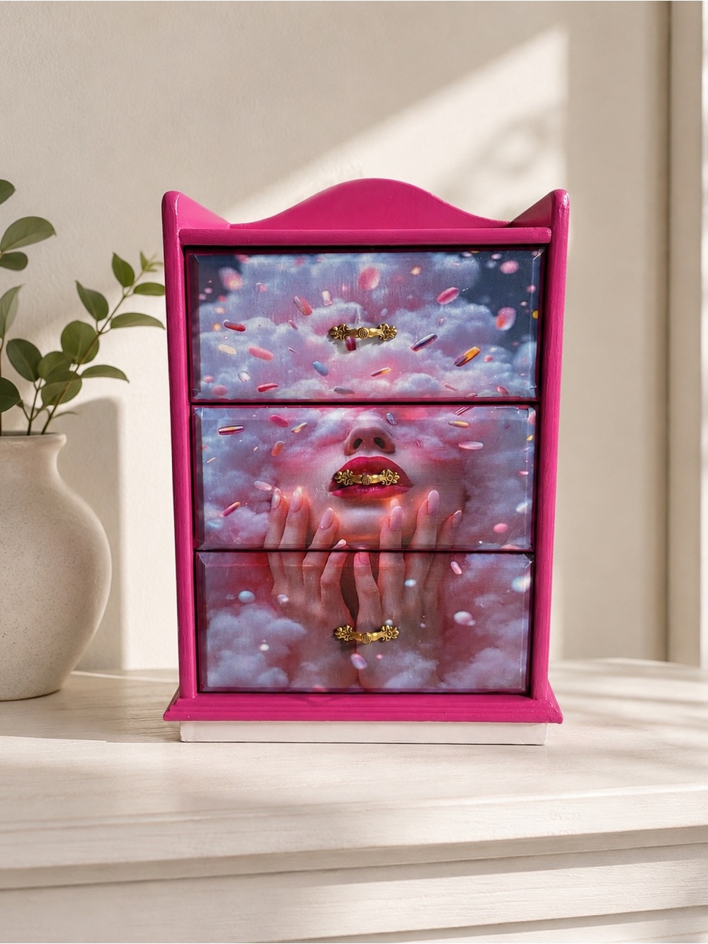 Hand-Painted Pink Whimsical Jewelry Box – 3 Drawer – One of a Kind